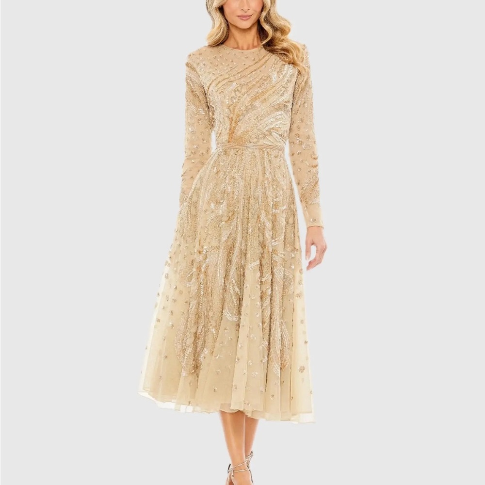 Mac Duggal Gold Embellished Long Sleeve Midi Dress